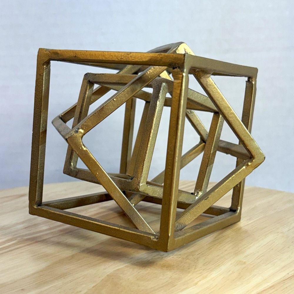Gold Metal Geometric Cube Sculpture Figurine Freestanding Decor 5 Inch